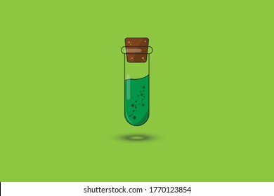 Test tube with a magical multi-colored sparkling and boiling green liquid. Cartoon and linear style. Vector illustration. Molecules on the background.
