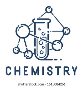 Test tube and molecule connection vector simple linear icon, science chemistry and medicine analysis line art symbol, laboratory research.