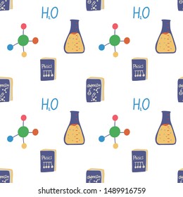 Test tube and molecule seamless pattern in flat style. Medical, technology, chemistry, science background. Scientific medical research. Vector wallpaper design.