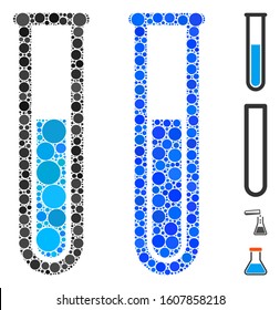 Test tube mosaic of circle elements in variable sizes and color tinges, based on test tube icon. Vector circle elements are grouped into blue illustration.