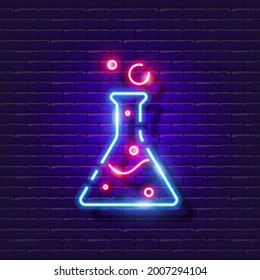 Test tube neon sign. Chemistry lesson glowing icon. Vector illustration for design. Science concept. Medicine, chemistry, science, vaccine, development, experiments, laboratory.