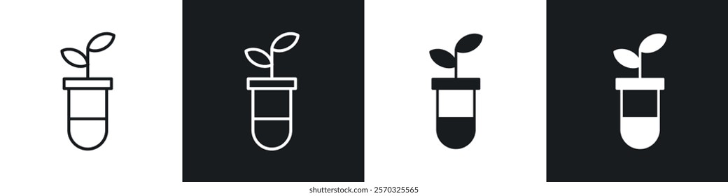 Test tube with plant icons vectors set in black. line and flat versions