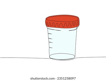 Test tube. Plastic Jar for analysis of urine, feces, sperm medical supplies, equipment one line color art. Continuous line drawing of medication, healthcare, clinical, disposable, tool, healthy