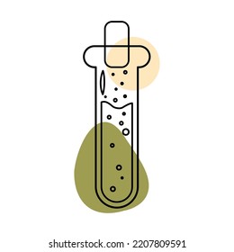 Test tube with potion in the style of line art with colored spots. vector illustration