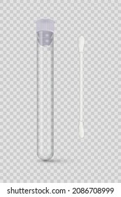 Test tube and q-tip cotton swab vector illustration. 3d realistic medical sample in closed glass container and swabs bud on plastic stick, tools for lab analysis isolated on transparent background