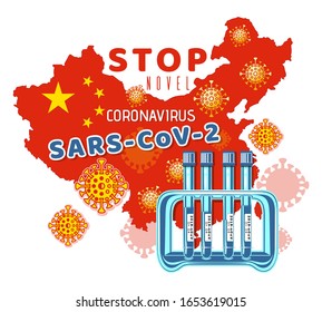 Test tube rack with novel coronavirus SARS-CoV-2 formerly 2019-nCoV on the background of the map of China. Test tube with Wuhan coronavirus test. Vector illustration