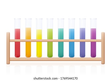 Prüfrohr-Rack mit regenbogenfarbenen Substanzen. Holzhalter mit bunten Flüssigkeiten in acht Laborglasrohren. Einzige Vektorgrafik auf weißem Hintergrund.
