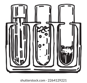 Test tube rack with various samples. Chemistry or biology laboratory, education, experiment outline clip art. Hand drawn vector illustration isolated on white..