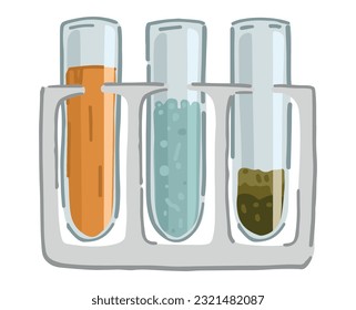 Test tube rack with various samples. Chemistry or biology laboratory, education, experiment clip art. Cartoon style vector illustration isolated on white..