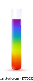 Test tube with rainbow gradient colored liquid, symbol for funny chemical experiments or mixtures, for funny and curious scientists. Isolated vector illustration on white background.
