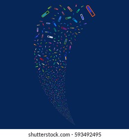 Test Tube random fireworks stream. Vector illustration style is flat bright multicolored iconic symbols on a blue background. Object fountain organized from scattered icons.