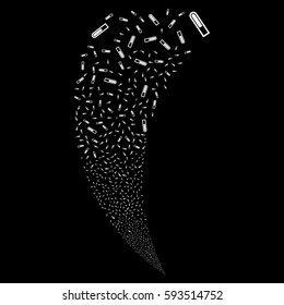 Test Tube random fireworks stream. Vector illustration style is flat white iconic symbols on a black background. Object fountain made from scattered symbols.