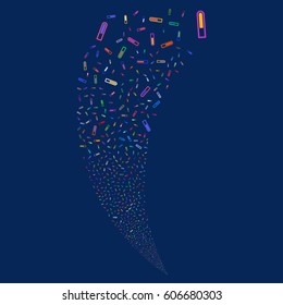 Test Tube random fireworks stream. Vector illustration style is flat bright multicolored iconic symbols on a blue background. Object fountain combined from scattered pictograms.