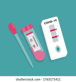test tube and rapid test with blood sample for COVID-19 test. Positive test result for the new rapidly spreading Coronavirus Covid-19. flat vector illustration