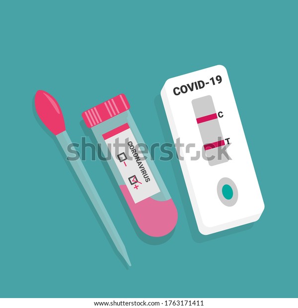 test tube and rapid test with\
blood sample for COVID-19 test. Positive test result for the new\
rapidly spreading Coronavirus Covid-19. flat vector\
illustration