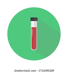 test tube with red liquid. Flat style icon with long shadow. Medical research, analysis, blood test, chemistry, healthcare concept.