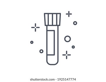 Test tube or sample tube or blood sample with label showing the process of a chemical reaction, line drawn black and white vector icon