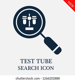 Test tube search icon. Test tube icon in magnifier icon. Editable Test tube search icon for web or mobile.