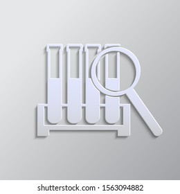 Test tube search paper style. Grey color vector. Paper style vector icon