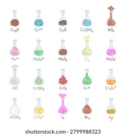 Test tube set featuring cuprite, tenorite, pyrolusite, manganate, permanganate, dichromate, chromate, iodide, halogen, hydroxide, dioxide, trioxide, cation, anion, laboratory chemistry