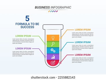 Test Tube Shape Infographic Design Template and Business Icon with Six Steps. Chemical Formula with 5 Options Infographic for Science, Presentations, Finance Reports, and Web Design.