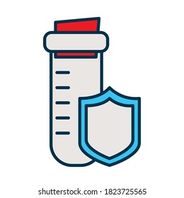 test tube with shield icon over white background, line and fill style, vector illustration