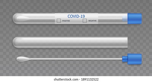 Test tube swab. Realistic microbiological medical test, diagnostic lab tool for genetic research, plastic container with cotton swab, virus analysis. Vector 3d set isolated on transparent background
