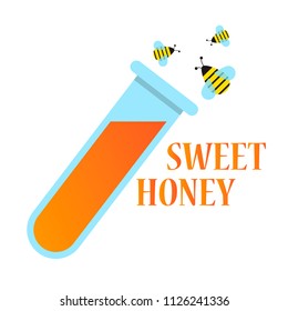 test tube with sweet honey,bees and sweet liquid,vector image, flat design