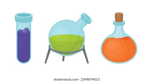 Test tube and two flasks with liquids
