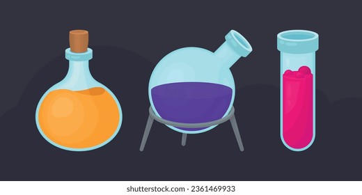 Test tube and two flasks with liquids. Flask metal stand icon. Glass test tube with potion element. Set of elements with shadows, colorful hand drawn illustrations on a dark grey background.