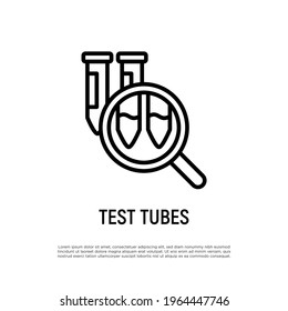 Test tube under magnifier. Thin line icon. Laboratory research. Medical exam. Vector illustrstion. 