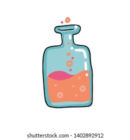 Test tube vector color outlined sketch icon isolated on white background. Hand drawn square bulb with orange bubble liquid . Tubes Doodle sketch for infographic, website, Glass bottles with pink water