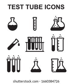 Test Tube Vector Icon Collection. Set Of Lab Flask Symbols Isolated On White Background. Chemical Beakers, Medical Research Equipment, Erlenmeyer Logo