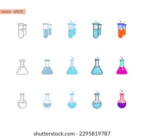 Test tube vector icon collection. Set of lab flask symbols. Chemical beakers, medical research equipment. Chemistry and science  vector icon. Large set of Chemistry lab and Educational icons