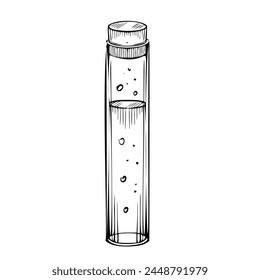 Ilustración vectorial del tubo de ensayo. Dibujo de laboratorio Frasco pintado por tintas negras en estilo line art. Grabado lineal de equipos para ciencia o química en fondo aislado. Poción de Antiguas.