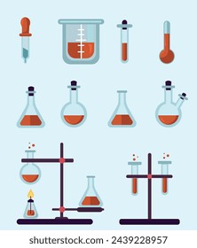 Test tube vector illustration set. Glass test tube laboratory objects for experiment