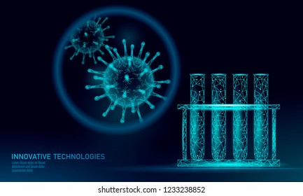 Test tube virus 3D low poly render. Laboratory analysis infection chronic disease Hepatitis virus influenza flu infect organism, aids. Modern science technology medicine thearment vector illustration