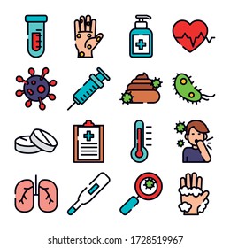Reagenzglas und Virus-Icon auf weißem Hintergrund, Linien- und Füllstil, Vektor-Illustration