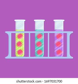 Test tube with virus samples. Three test tubes in a rack. The glasses contain samples with viruses in different solutions.