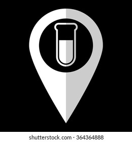 Test tube - white vector icon;  map pointer
