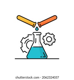 Test tubes and beaker, lab experiment in genetics, rotating gear cogwheel mechanism isolated line icon. Vector laboratory research glassware, gene engineering tubes and flask, chemistry and biology