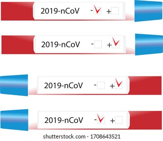 Tubos de prueba para análisis de sangre KOVID-19, prueba del coronavirus. Cuatro tubos de ensayo con resultados positivos y negativos para el coronavirus Covid-19.Ilustración aislada vectorial de la epidemia de coronavirus 2019