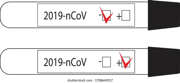 Test tubes for blood analysis KOVID-19, test for coronavirus. Two test tubes with positive and negative test results for coronavirus Covid-19. Vector isolated illustration of coronavirus epidemic 2019