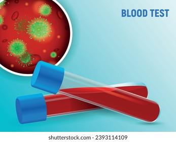 Tubos de prueba con sangre para análisis. Resultado positivo de la presencia del virus en la sangre. Ilustración vectorial.