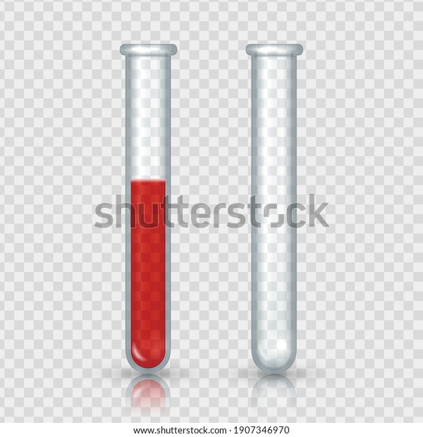 Test tubes with blood. Realistic laboratory\
equipment. Pair of empty and full glass vials on transparent\
background. Lab bottle with red liquid. Isolated medical specimen\
for experiments, vector\
set