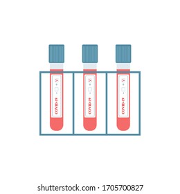 Test tubes with blood samples for the Kovid-19 test. Coronavirus positive test. Healthcare concept. It can be used in medical materials, banners, posters. Flat vector illustration.
