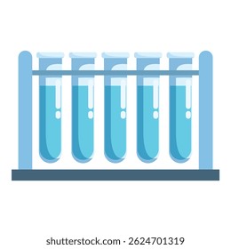 Test tubes with blue liquid on metal stand are standing on table in chemical laboratory