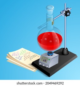 Test tubes, a book and formulas for chemistry. Vector illustration of realistic test tubes in a tripod with a book and formulas. Background for a chemistry presentation.