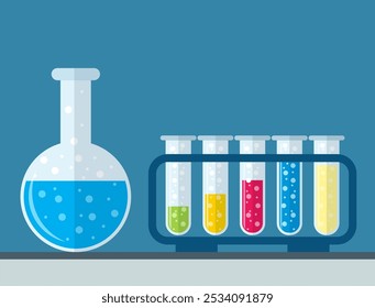 Reagenzgläser mit sprudelnder Flüssigkeit im Rack. Wissenschaft, Bildung, Chemie, Experiment, Laborkonzept. Vektorgrafik im flachen Design, Symbol mit langem Schatten