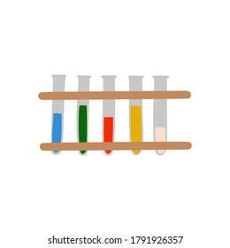 Tubos de ensayo para experimentos químicos y análisis en un soporte en forma de doodle. inventario médico. Equipo para químicos. Equipo escolar. Aislado sobre un fondo blanco. Ilustración de vector de color